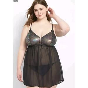 Cacique Lane Bryant Babydoll Lingerie Black Sexy Sz 22/24Rainbow Metallic- New